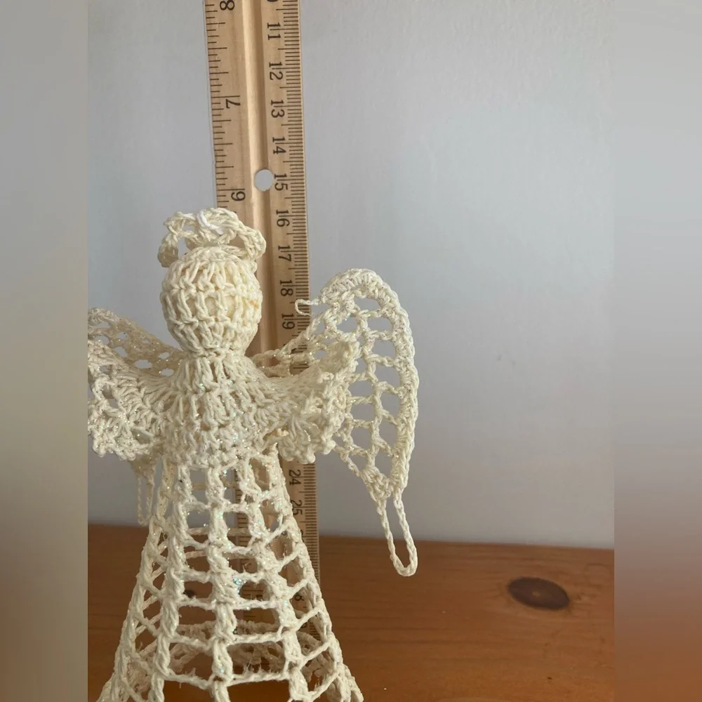 Vintage Crocheted Beige Starched Angel Tree Topper 6” Tall Handmade